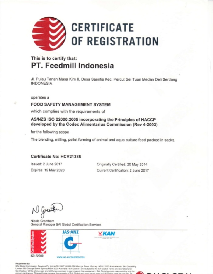 Certificate ISO 22000 Feedmill